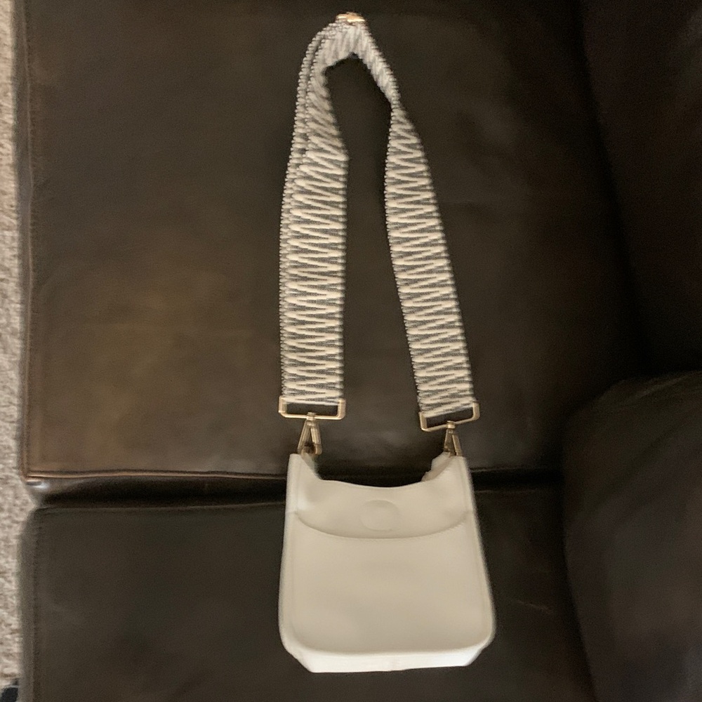 White Crossbody Bag with Striped Strap